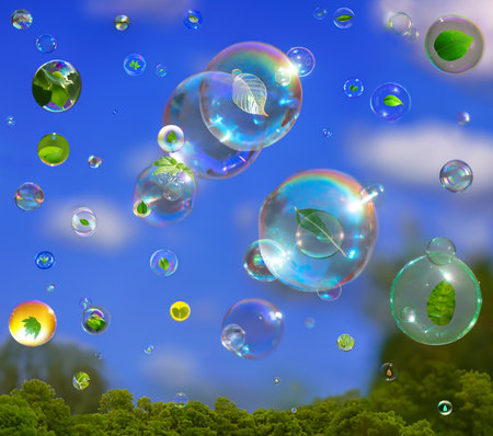 Ecological metaphor motif environment, wallpaper. Airy or wet clear bubbles with green leaves on sky...