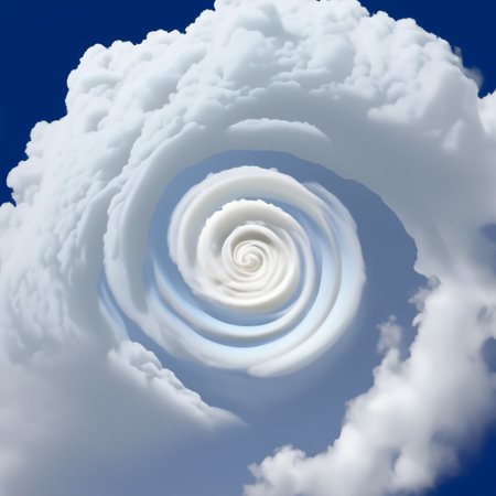 Blue sky with tornado clouds. White cumulus cloud spiral in the sky. Background.の写真素材