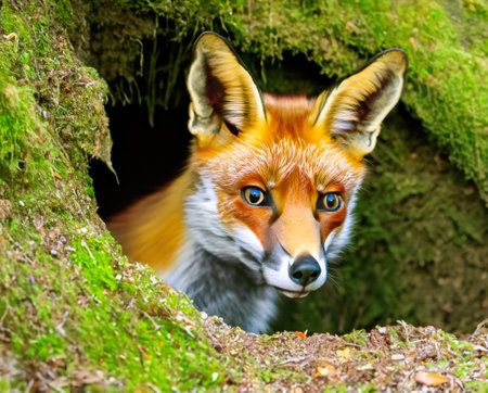 A fox peeks out of a forest hole. Orange fox ( vulpes vulpes ) in the forest. Fairy tale picture, red fox vulpes.の写真素材