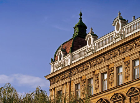 Penthouse in Klarov in Prague, apartment building. A decorative architectural element that extends the facade of a building above the main cornice.の写真素材