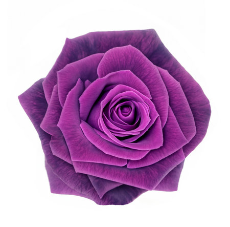 Symbolic single beautiful velvet purple rose. Fresh full bloom flower icon, symbolic congratulatory gift, object isolated with space for text.の写真素材