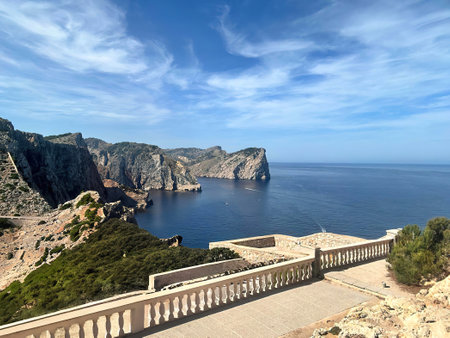 View of the sea from the lighthouse at Cap de Formentor on the Spanish island of Mallorca. The road...