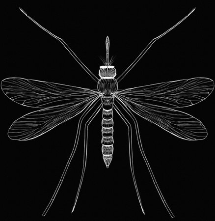 Illustration of dragonfly on black background. Detail sketch monochromatic symbol of hymenoptera insect, object isolated with fine texture.の写真素材