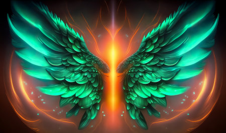 Angelic abstract motif in emerald gold color. Background colors with raft of healing outstretched...