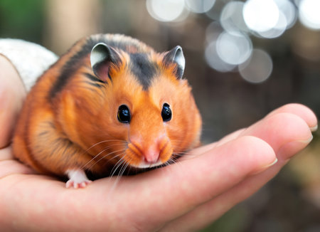 Cute golden Dzungarian hamster. Pet color brown pet hamster in palm, on hand. Background with reflections.の写真素材