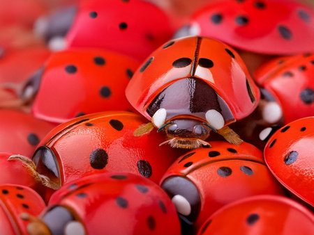 Background with shiny red dotted ladybugs. Wallpaper group of overwintering sunny insects close up.