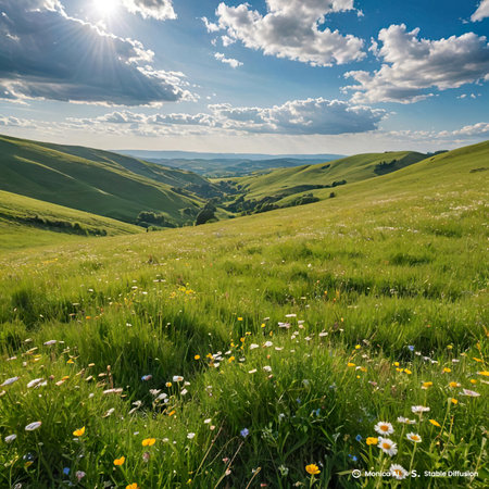 View of summer hilly landscape with valley. Beautiful landscape with meadow of flowers and blue sky....