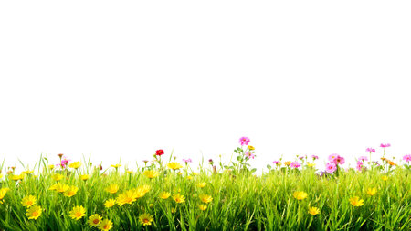 Border of green grass and flowers. Flower-bed. White space for your text.の写真素材