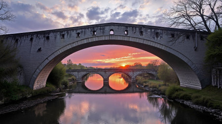 Arched stone bridges over the river. Early evening arch bridges at sunset with calm water, front view. Wallpaper, background.の写真素材