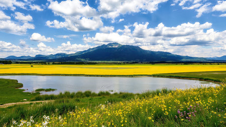 Summer landscape with lake and mountains. Beautiful rural landscape with rapeseed field with meadow with flowers and cloudy blue sky. Background, wallpaper.の写真素材