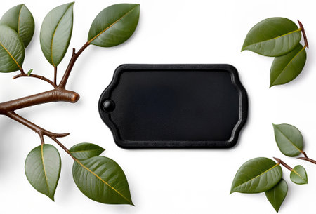 Banner with branches with green foliage and black leather label. Set of green leaves isolated with blank label, objects isolated. 3dの写真素材