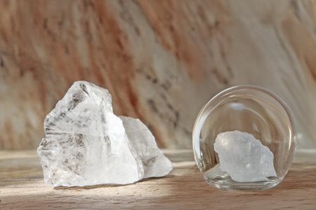 Solo raw crystal and glass transparent paperweight with crystal. Mineral objects are on a wooden...