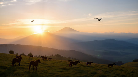 Herd of horses on a mountain pasture. View of the landscape in the mist at sunrise or sunset. Background.の写真素材