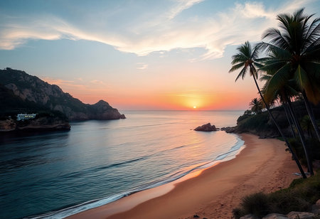 Beautiful sunset on the beach with lots of palm trees and the sea. Resort in the bay between the rocks with the sun on the horizon. Background, paradise in Greece.の写真素材