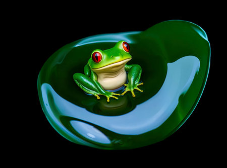 Fairytale cute red-eyed little frog on a black background. Illustrated green tree frog on a leaf in a drop of water, icon, symbol.の写真素材