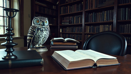 Retro library with a wise owl symbol. Interior with shelves of old books. Open book on an old table with accessories. Creative background.の写真素材