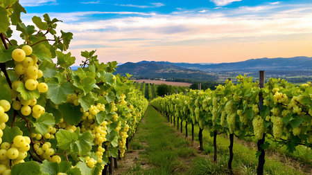Vineyard with white wine fruits. Fruit plantation with harvest and panoramic view of the Czech landscape. Summer season.の写真素材