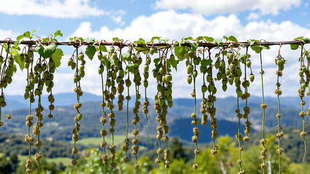 Ripe hop cones in the landscape. Hanging hop crop plants winding on a wire, mountain summer landscape in the background.の写真素材