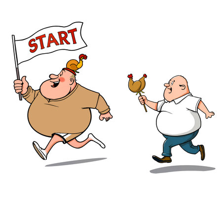 Two gourmet men competing with a roast chicken. Cheerful cartoon illustration of obese men, objects isolated. Metaphor.の写真素材