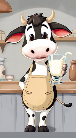 Black and white cow with a glass of milk. Illustration of a cartoon cow character in an apron in the kitchen offering a milk drink.の写真素材