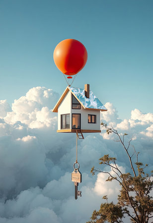 Red air balloon carries new family house with key. Villa, cottage for mortgage, gift or surprise. Metaphor, sale advertisement offer. Collage.の写真素材