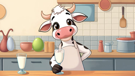 Black and white cow in a dairy offering fresh milk in a glass. Illustration of a cartoon cow character in an apron in a fitted kitchen offering a milk drink. Color image.の写真素材