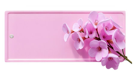 Delicate purple-pink card with rivet and with bouquet. Empty frame isolated on white background with flowers, business card, greeting, love, cosmetics and other uses, even wedding. Space for text. Collage.の写真素材
