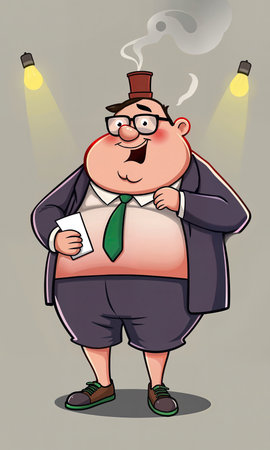 Obese man in suit with prescription. Dangerous lifestyle with overweight, smoker. Cartoon illustration of fat businessman smoking out of his head, metaphor.の写真素材