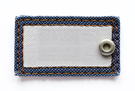 Blue denim real textile label. Fabric two-tone empty frame with metal rivet. Object isolated.