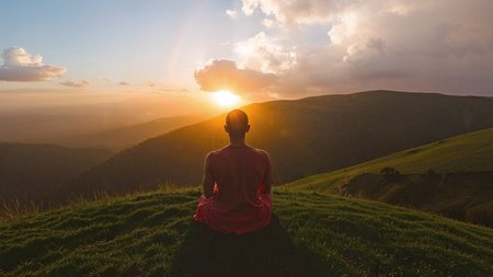 Back sitting relaxing yogi in mountain landscape with view against the sun. Young man in red clothes on top of mountain in alpine landscape. Background, wallpaper.の写真素材