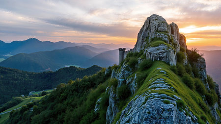 Sunset landscape with a dominant rocky mountain and ruins of a castle, a tower with ramparts. Distant beautiful view of the mountains in sunlight and sun rays. Background, wallpaper.の写真素材