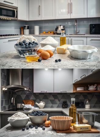 Two variations of modern kitchen cooking. Preparing to bake blueberry cake, sponge cake with utensils and ingredients. Realistic style, home environment.の写真素材
