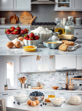 Two variants of modern kitchen cooking. Preparation for baking strawberry and blueberry dessert, dishes, ingredients, food. Realistic style, home environment.の写真素材