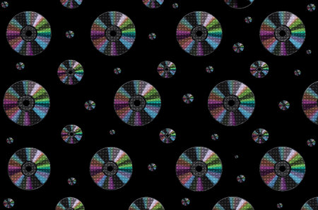 Seamless music pattern with colorful cds. Illustration with rainbow cds with glitter diamonds and texture, black background, collage. Abstract background, texture, pattern for designの写真素材