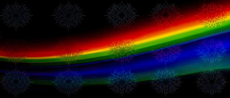 Rainbow on black background with sparks pattern, Illustration abstract banner, backdrop, creative graphic, card.の写真素材