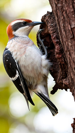 Bird Spotted Woodpecker from the woodpecker family. Lesser Spotted Woodpecker on a tree trunk. Active bird in profile near nest hole, woodpecker species, Europe. Photo.の写真素材