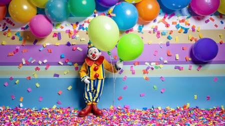 Background for birthday party with clown. Greeting card with funny clown with colorful balloons and paper cones on striped background.の写真素材