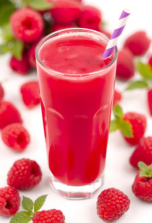 Raspberry juice, raspberry smoothie with drinking straw. Refreshing cold cocktail drink made from...