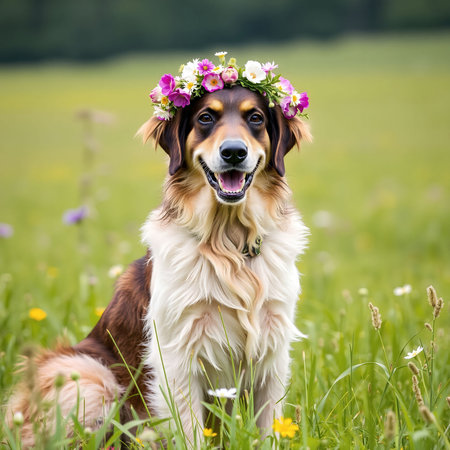 Happy Australian Shepherd on a summer blooming meadow. Adorable sitting dog with a flower wreath on his head. Background.の写真素材