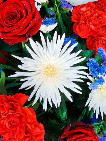 Bunch of natural flowers. White chrysanthemum and red roses.の写真素材