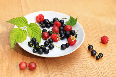 Garden berries on white saucer on wooden background