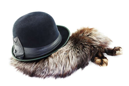 Vintage velour hat on a silver fox fur isolated on white backgroundの写真素材