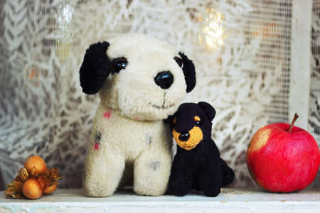 Toys, apple and nut on the window sill