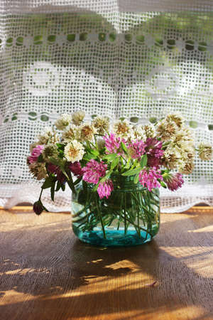 Bouquet of fresh clovers in the glass jar indoorsの写真素材