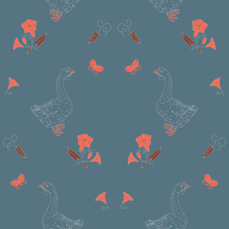Seamless pattern with geese and wildflowers and butterflyの写真素材