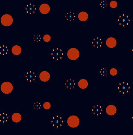 Abstract seamless pattern "Phases of the moon, earth and orange sun" on dark backgrpundのイラスト素材
