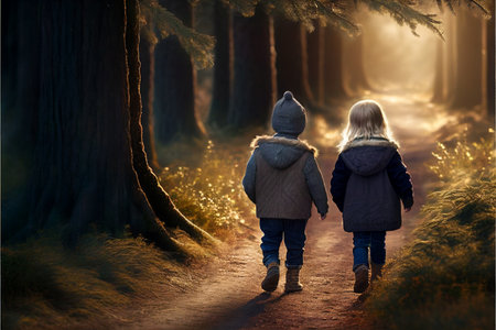 Little boy and girl go to light from forest. Generative AI technologyの素材