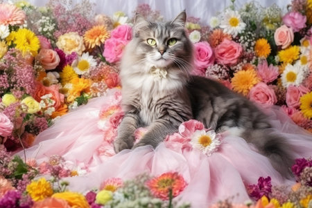 Front portrait of young cat princess among multitude various the flowers. Generative AI technologyの素材