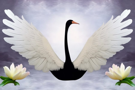 Decorative art modern painting of black swan with spread its white wings. Generative AI technologyの素材