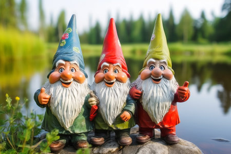 Three cute gnomes with a pleased smile upon their faces stand near lake. Generative AI technologyの素材